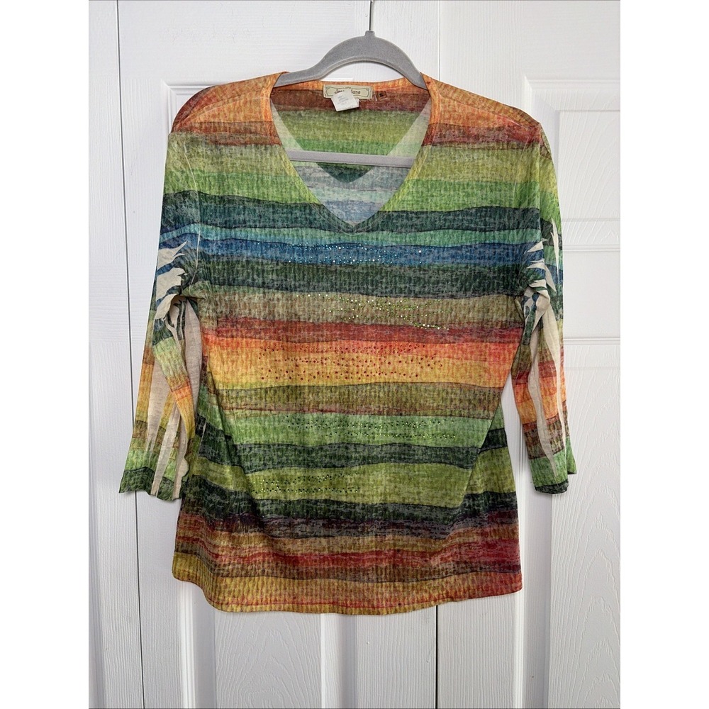 Jess Jane Tucson Top Womens Size S Multi Color Stripe Rhinestone Burnout Cotton